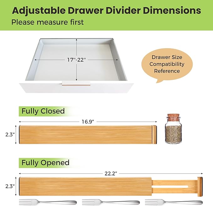 Fyvva Drawer Divider, Adjustable Bamboo Kitchen Drawer Organizer, Spring Loaded Drawer Organizer, Dresser Separators for Kitchen, Bathroom, Clothes, Office Desk Storage (Natural, 8 Pack Large)