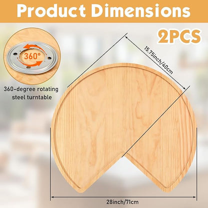 Leinuosen 2 Pcs 24in/28in/32in Banded Pine Wood Full Kidney Shaped Lazy Susan for Corner Base Cabinets with Iron Swivel Bearing for Kitchen Turntables, Not Include Metal Rod(28 Inch,Wood Color)