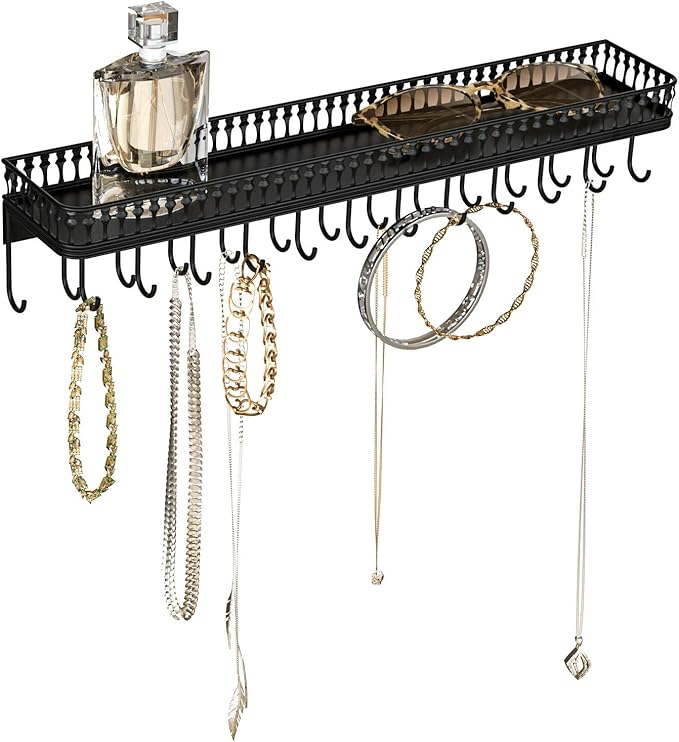 J JACKCUBE DESIGN Wall Mounted Black Metal Jewelry Hanger, Necklace Display Storage Holder with Tray and 25 Hooks for Necklace Earrings Bracelet Ring Watch - MK621A