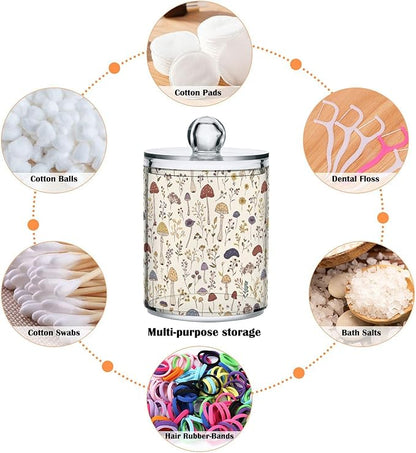 Milk Cow Qtip Holder with Lid 2PCS Apothecary Jars Storage Containers, Clear Plastic Canister for Cotton Swab,Floss Picks, Cosmetics (Mushroom and Flower, one sizex2)