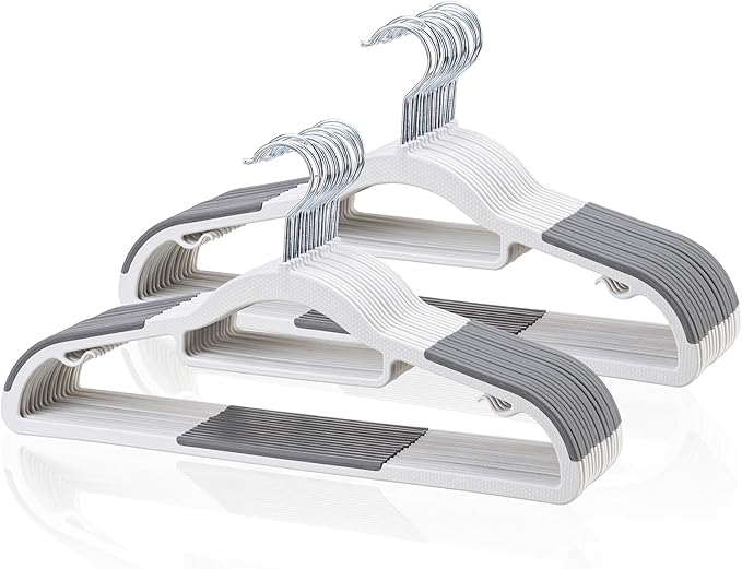 Tonswachic Pack of 30 Clothes Hangers, Space Saving Plastic Hangers, Non-Slip, 0.2 Inches Slim, 360° Swivel Silver Hook for Shirts, Pants & Wet/Dry Garments, White and Dark Gray