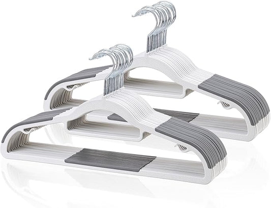 Tonswachic Pack of 30 Clothes Hangers, Space Saving Plastic Hangers, Non-Slip, 0.2 Inches Slim, 360° Swivel Silver Hook for Shirts, Pants & Wet/Dry Garments, White and Dark Gray