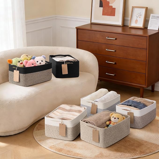 Goodpick 4 Pack Storage Baskets for Shelves, Rectangle Woven Baskets for Organizing, Closet Storage Bins with Handles, Decorative Toy Organizer Basket for Gifts, 13''L x 8''W x 6''H, Brown