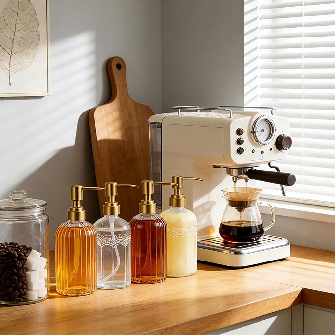 Coffee Syrup Dispenser Set of 4, 13.5 oz (400ml) Glass Bottles with Antique Bronze Stainless Steel Pump, Coffee Bar Syrup Pump Dispensers with Funnel, Cleaning Tools & Tags