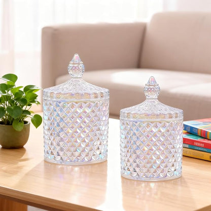 2PCS Home Decorative Qtips Holder Dispenser Glass Storage Container Bathroom Counter Vanity Organizer (Colorful)