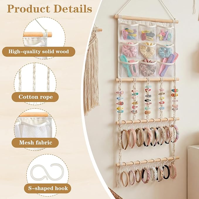 Hair Clip Holder Organizer Macrame Bow Organizer for Girls,Headband Holder Hair Accessories Storage Large Capacity Wall Hanging for Door Bedroom Wardrobe Home Decor (Beige B)