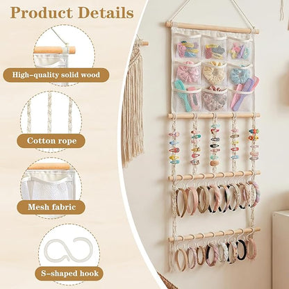 Hair Clip Holder Organizer Macrame Bow Organizer for Girls,Headband Holder Hair Accessories Storage Large Capacity Wall Hanging for Door Bedroom Wardrobe Home Decor (Beige B)
