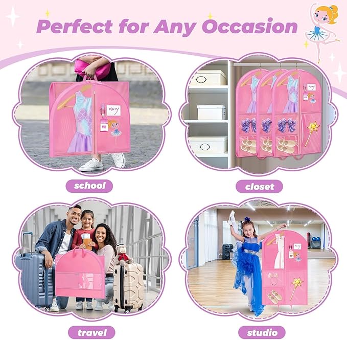 Hanging Dance Garment Bag, 40 Inch Waterproof Costumes Bag for Travel, Pink Clothes Bag with 5 Pockets for Dance, Sports, Skating, Beauty Pageants, Theatre (With Cartoon Girl Print)