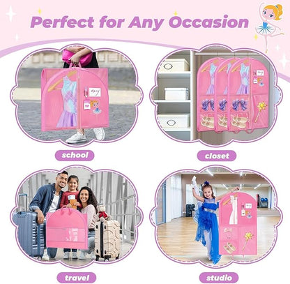 Hanging Dance Garment Bag, 40 Inch Waterproof Costumes Bag for Travel, Pink Clothes Bag with 5 Pockets for Dance, Sports, Skating, Beauty Pageants, Theatre (With Cartoon Girl Print)