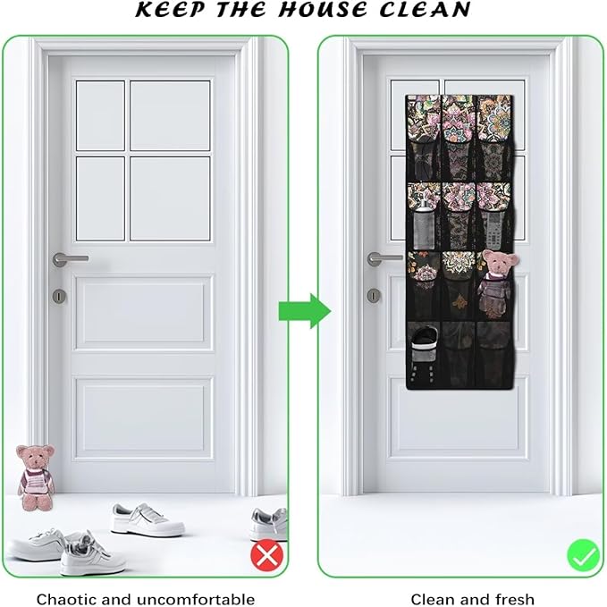 12-Pocket Hanging Storage Bag Behind the Door, Over the Door Organizer Space Saving Storage for Bedroom Closet or College Dorm, Bohemia Flowers