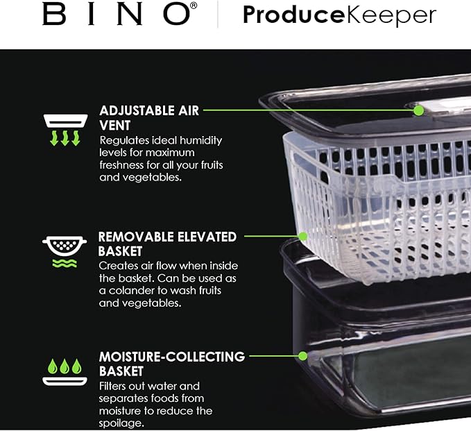 BINO | Produce Saver - 23.7 Cup/5.6L | Fridge Storage Containers for Fruits and Vegetables | Vegetable Storage with Adjustable Air Vent, Removable Basket | BPA-Free Fridge Organizers and Storage