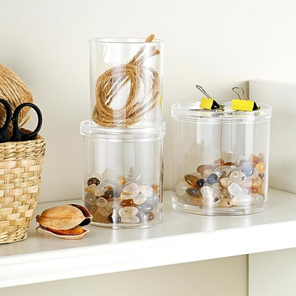 SheeChung 3-Pack Clear Stackable Apothecary Jars - (10/12/20oz) Mixed Sizes Qtip Holder Dispenser - Crystal Clear Bathroom Vanity Organizer with Storage Lids for Cotton Balls, Swabs, Floss