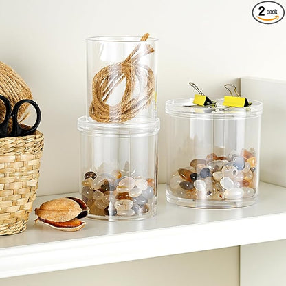 SheeChung 2-Pack Qtip Holder with Storage Lids - Clear Plastic Apothecary Jars for Bathroom Organization - Shatterproof Cotton Swab Dispenser with Labels - 10oz Vanity Counter Organizer