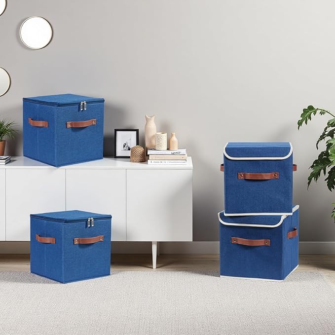 2PCS Storage Cubes with Lid Fabric Storage Bin Box PU Leather Handles Cotton Linen Closet Organizer Container Decorative Foldable Washable Shelf Cloth Basket (Zipper Lid, Deep Blue, 11in)