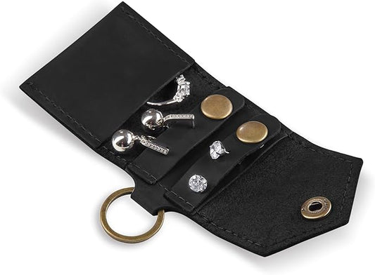 Leather Keychain Earrings Holder, Wedding Travel Case, Engagement Holder, Pouch Bag, Workout and Gym Ring Holder (Cognac)