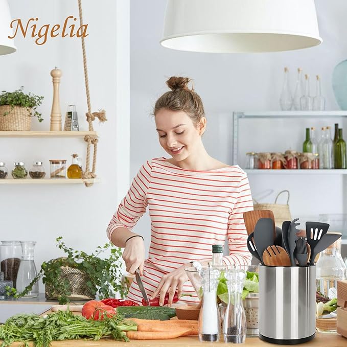 Nigelia Extra Large Kitchen Utensil Holder, 360° Rotating Stainless Steel Cooking Utensil Holder for Countertop, 3 Compartment Flatware Organizer & Cooking Caddy with Removable Base（Silvery）