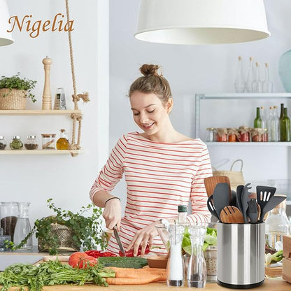 Nigelia Extra Large Kitchen Utensil Holder, 360° Rotating Stainless Steel Cooking Utensil Holder for Countertop, 3 Compartment Flatware Organizer & Cooking Caddy with Removable Base（Silvery）