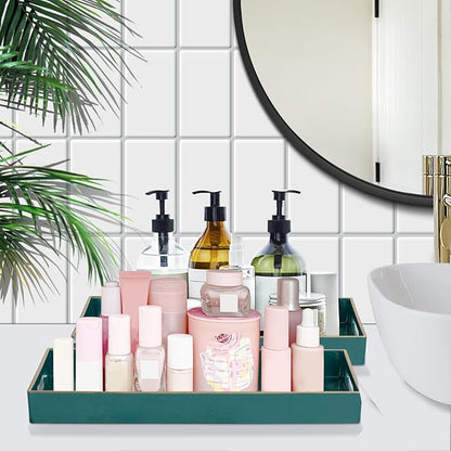MAONAME Green Vanity Tray Set of 2, Plastic Decorative Tray with Handles, Long Narrow Trays, Small Bathroom Trays for Toilet Tank, 13.8" X 6" X 1.57"