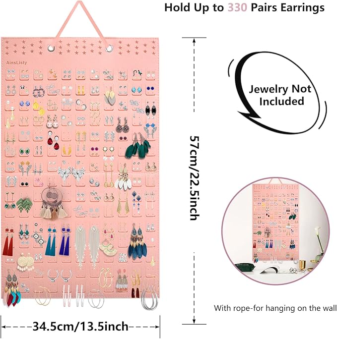 Hanging Earrings Organizer, Earring Holder Holds Up To 330 Pairs, Felt Earring Organizers and Storage, Wall Earring Holder Earring Display for Women Girls -1 Pack (Earring Organizer-Pink)