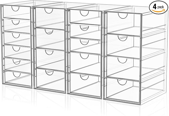 YFXCVSL Acrylic Makeup Organizer with 19 Drawers, 4 Pack Clear Storage Drawers, Bathroom Makeup Organizer for Palettes, Cosmetic, and Beauty Supplies,Ideal for Vanity, Cabinet,Desk Organization