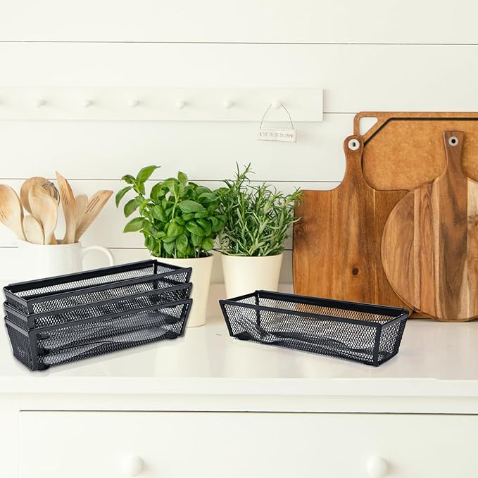 4PCS Drawer Organizer for Kitchen,Utensil Mesh Drawer Organizer with Interlocking Arm for Cosmetic,Flatware,Pen (9 * 3 * 2 Inches,Black)