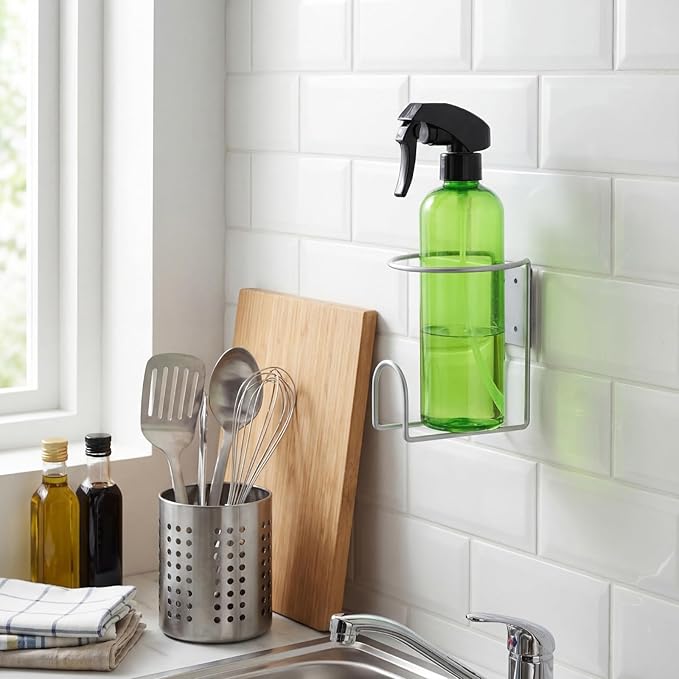 CroBlissful 4 Pcs Spray Bottle Holder Wall Mount Heavy Duty Spray Bottle Rack Stainless Steel Storage Rack Garage Can Organizer Craft with Hardware (Silver)
