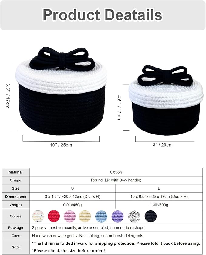 Decorative Storage Baskets with Lids, Small Woven Rope Basket with Lid, Decorative Basket for Home Decor, Dog Toy Storage Baskets with Cute Bow Handle, Black