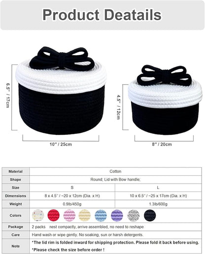Decorative Storage Baskets with Lids, Small Woven Rope Basket with Lid, Decorative Basket for Home Decor, Dog Toy Storage Baskets with Cute Bow Handle, Black