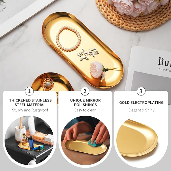 3 Pack Gold Trays for Decor, Stainless Steel Decorative Tray, Small Vanity Tray for Bathroom, Elegant Jewelry Tray for Holding Perfume, Keys, Wallet, Business Cards, Candle, Oval