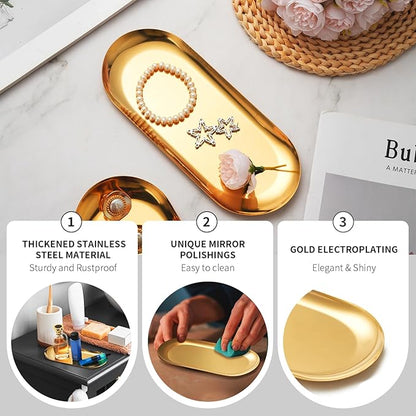 3 Pack Gold Trays for Decor, Stainless Steel Decorative Tray, Small Vanity Tray for Bathroom, Elegant Jewelry Tray for Holding Perfume, Keys, Wallet, Business Cards, Candle, Oval