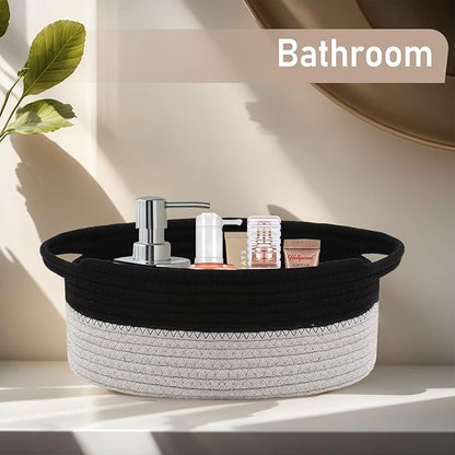 JMvicyroam Woven Basket,Small Rope Storage Bin with Handles & Ribbon Bag, Organizer for Shelves Closets,Gift Basket Empty for Birthday,Books,Dog Toys, Black&Grey
