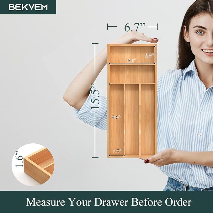 Silverware Organizer, Bamboo Kitchen Drawer Organizer, Utensil Holder, Cutlery Tray & Spoon Flatware Storage with Grooved Drawer Dividers (6.7''W x 15.5''D)