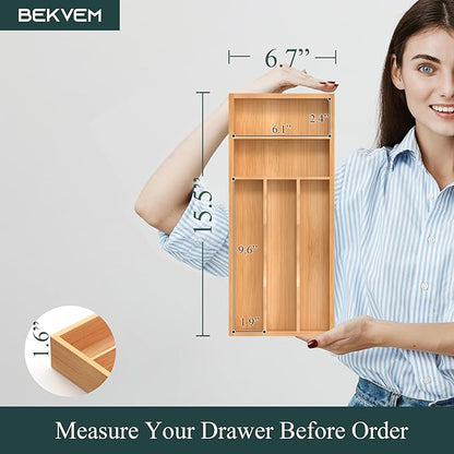 Silverware Organizer, Bamboo Kitchen Drawer Organizer, Utensil Holder, Cutlery Tray & Spoon Flatware Storage with Grooved Drawer Dividers (6.7''W x 15.5''D)