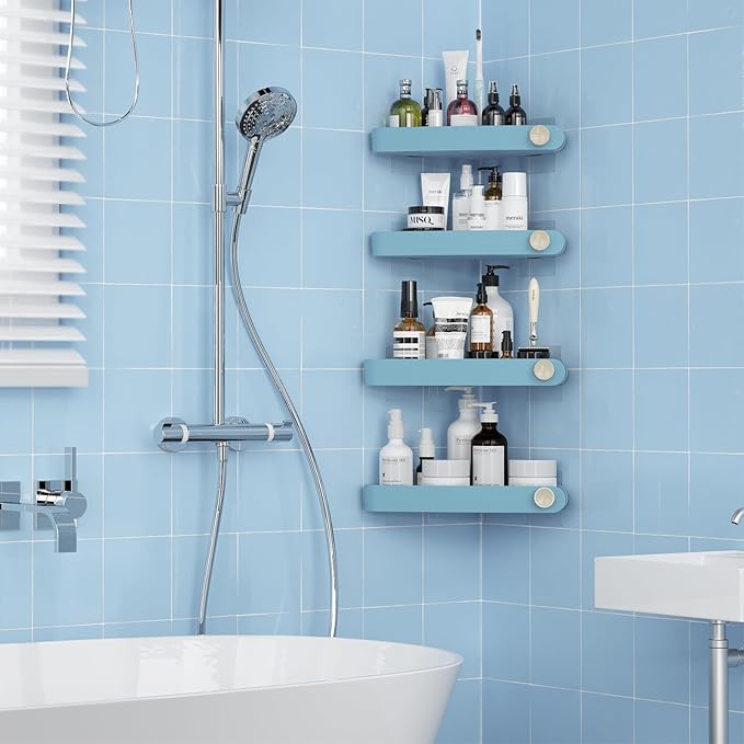 Sotfamily Plastic Shower Caddy Corner (For 90° Only), 4 Pack Adhesive Corner Shower Shelves for Bathroom Organizers and Storage, Light Blue