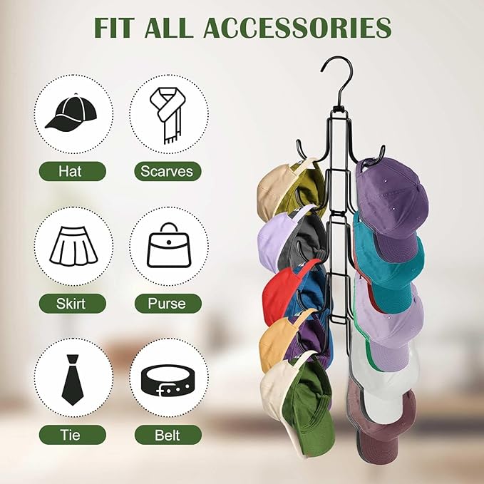 Hat Organizer for Closet, Rotatable Metal Caps Rack with 10 Large Hooks for Display, Holds Up to 40 Baseball Caps, Collapsible Hat Hanger for Closet, Dorm Room Organizers and Storage, Black