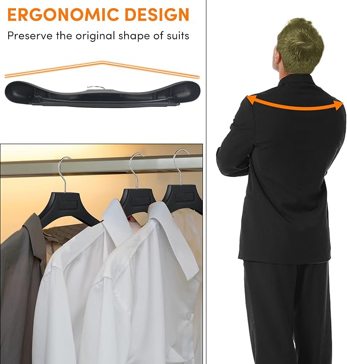 DEDU Suit Hangers for Men 20 Pack, Coat Hangers Non Slip Width 17.7", Black Extra WideThick Plastic with Pants Bar & Metal Hook