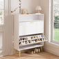 LYNSOM Shoe Cabinet, Free Standing Tipping Bucket Shoe Rack Organizer with 2 Flip Drawers, Modern Entryway Shoe Storage with Top Display, Narrow Slim Hidden Shoe Cabinet (White)