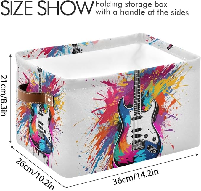 Storage Basket Colorful Guitar Painting Durable Canvas Collapsible Toy Box Organizer Bin with Handles for Shelf Closet Bedroom Home Office