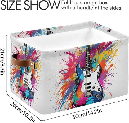 Storage Basket Colorful Guitar Painting Durable Canvas Collapsible Toy Box Organizer Bin with Handles for Shelf Closet Bedroom Home Office