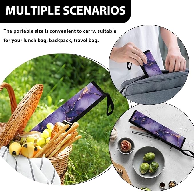 Purple Marble Tableware Storage Pouch Portable Cutlery Bag Straw Carrying Case Cutlery Drawstring Net Bag Travel Bag for Straws, Knife, Fork, Spoon, Chopsticks
