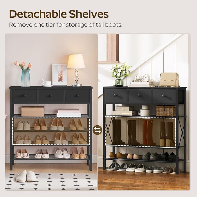 YATINEY 5-Tier Shoe Rack with 3 Drawers, Metal Shoe Organizer for 20 Pairs with Storage Shelves and Wooden Top, for Entryway, Hallway, Foyer, Closet, Black SS35BB