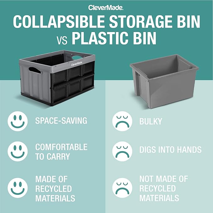 CleverMade Collapsible Storage Bins 62L (3-Pack) – Heavy Duty Collapsible Plastic Storage Bins, Large Stackable Folding Storage Bins for Garage, Car, Grocery & Home Organization - Stone