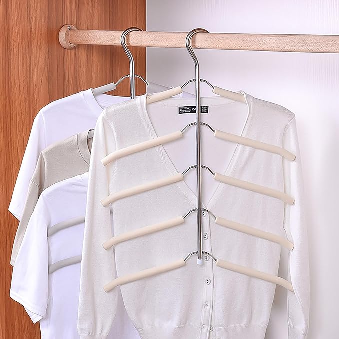 3 Pack 5 in 1 Blouse Tree Hangers Space Saving Clothes Hangers Swing Arm Non Slip Padded Coat Hanger Multi-Layer Clothes Hanger Heavy Duty Stainless Steel Sweater Shirt Hanger（Gray）