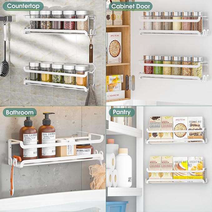 LUCYCAZ 2 Pack Wall Mounted Spice Rack with 8 Hooks, Spice Organizer Shelf for Stove Cabinet Pantry Door,Screw or Adhesive Spice Shelf Hanging Wall Spice Rack in Kitchen and RV (White, 2 PACK)