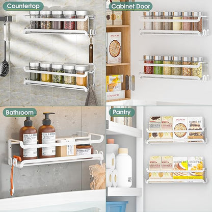 LUCYCAZ 2 Pack Wall Mounted Spice Rack with 8 Hooks, Spice Organizer Shelf for Stove Cabinet Pantry Door,Screw or Adhesive Spice Shelf Hanging Wall Spice Rack in Kitchen and RV (White, 2 PACK)