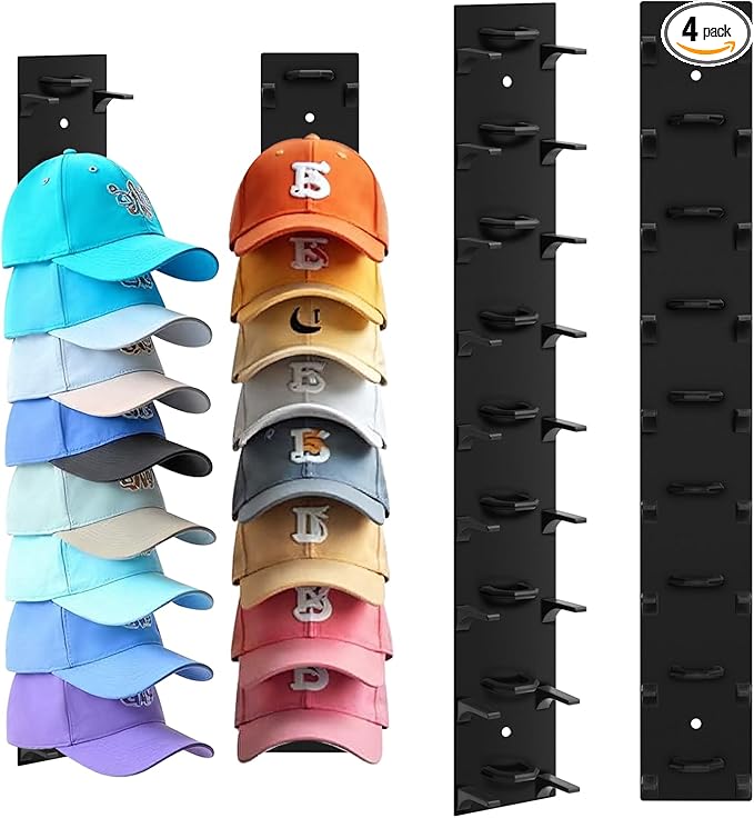 Dntorx Hat Organizer for Baseball Caps, 4 Pack Black Hat Rack for Wall Hold up to 36 Hats Strong Adhesive Hat Hooks Stand Hat Hanger Organizer Storage Holder Display for Door Closet