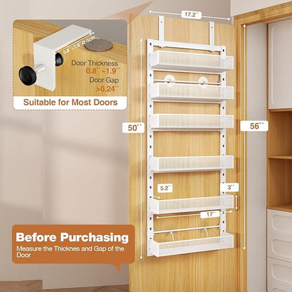 Pantry Door Organizers and Storage, 6-Tier Large Metal Heavy-Duty Frame Over the Door Spice Rack, 2 in 1 Wall-Mounted or Hanging shelf for Kitchen, Bathroom, Laundry Room, Bedroom, Closet &Nursery