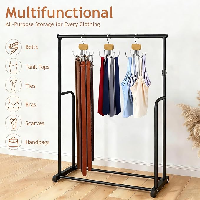 Belt Hanger for Closet, 3 Pack Belt Organizer for Closet Space Saving & Storage, 360° Rotatable & Foldable Hooks, Large Capacity Holder Rack for Tie, Tank Top, Bra, Purse, Hat (Natural)
