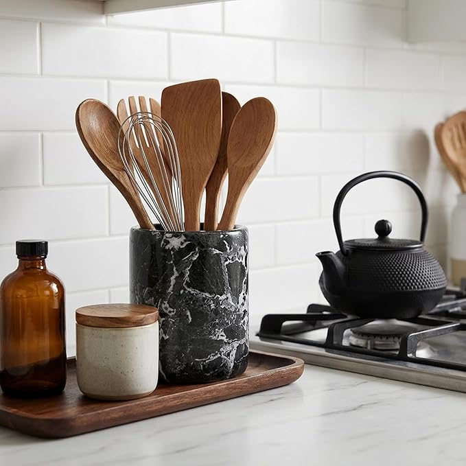 Radicaln Marble Utensil Holder 6.5" Inches Black Handmade Spatula Set for Kitchen Counter, Cooking Utensils Jar & Kitchen Essentials Organizer, Ideal Utensil Caddy & Spoons Holder