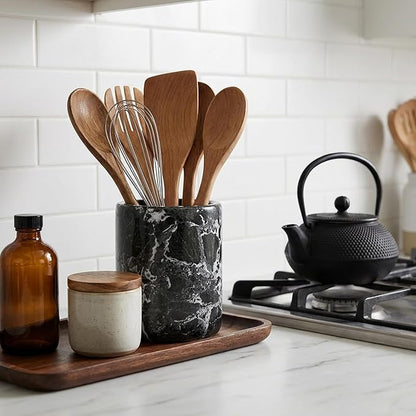 Radicaln Marble Utensil Holder 6.5" Inches Black Handmade Spatula Set for Kitchen Counter, Cooking Utensils Jar & Kitchen Essentials Organizer, Ideal Utensil Caddy & Spoons Holder